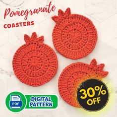 two crocheted pomegranate coasters with 30 % off coupon