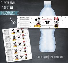 a water bottle label with mickey mouse on it and some other items to put in it