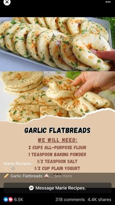 the menu for garlic flatbreads is displayed on a tabletop with an image of someone picking up some tortillas