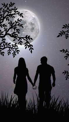 two people holding hands under a tree with the moon in the background