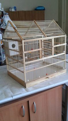 a bird cage sitting on top of a counter