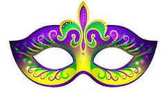 a purple mask with green and yellow designs on the front, as if for mardi gras