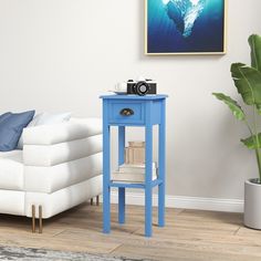 a blue end table with a camera on it next to a couch and potted plant