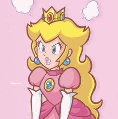 the princess peach from mario's super mario bros is standing in front of a pink background