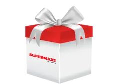 a red and white box with a silver bow on the top that says supermark