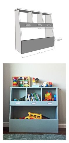 two shelves with toys on them next to each other and the bottom shelf is empty