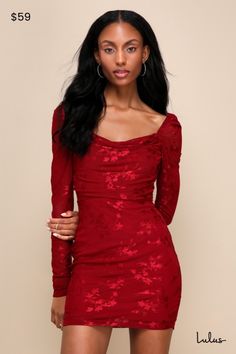 You're sure to get more than a few compliments in the Lulus Sultry Occasion Wine Red Mesh Floral Long Sleeve Mini Dress! Stretchy mesh, with floral accents throughout, shapes long fitted sleeves with elastic at the shoulders. Bodice has a subtle sweetheart neckline and a draped detail at the front. Fitted waist tops a bodycon skirt that falls to a mini hem. Hidden zipper/clasp at back. Fit: This garment fits true to size. Length: Mid-thigh. Size medium Bust: Great for any cup size. Waist: Fitted Red Long Sleeve Mini Dress In Flirty Style, Fitted Burgundy Long Sleeve Mini Dress, Red Fitted Floral Print Mini Dress, Red Long Sleeve Mini Dress, Flirty Style, Red Floral Print V-neck Mini Dress, Lulu Fashion, Long Sleeve Mini, Body Con Skirt, Dress 100