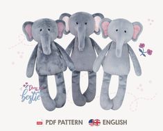 three stuffed elephants are standing next to each other in front of a flowered background