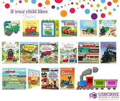 children's books about trains are displayed on a white background with multicolored dots