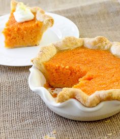 two plates with pies on them sitting on a table