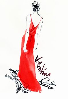 a drawing of a woman in a red dress