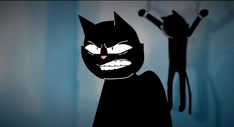 an animated image of a black cat and a person with their arms in the air