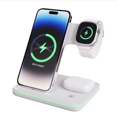 an apple watch and charging station are shown with the wireless charger attached to it