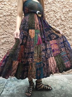 Hippie Patchwork maxi Skirt Dress Festival Boho handmade Patchwork Dress Aesthetic, Colorful Boho Dress, Patchwork Flowy Skirt, Unrealistic Clothes, Hippie Fashion Aesthetic, Patchwork Skirt Outfit, Cottage Outfits, Patchwork Dress Pattern, Patchwork Maxi Skirt