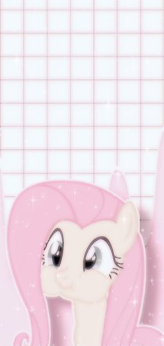 a pink pony with big eyes standing in front of a tiled wall