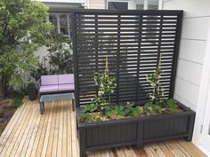 a wooden deck with planters on it next to a purple chair and white house