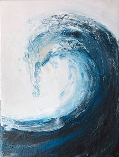 an abstract painting with blue and white waves in the ocean, on a canvas board