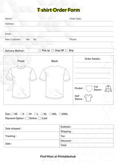 Printable T-shirt Order form Blank Template PDF Small Clothing Store, Funky Fonts, Blank Templates, T Shirt Styles, Form Template, Cute Shirt Designs