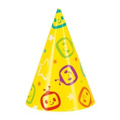 a yellow party hat with cartoon faces on it's side and stars around the edges