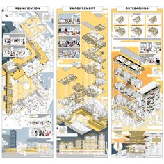 three different views of an office building with yellow and blue accents, including the floor plan