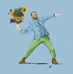 a drawing of a man with flowers in his hand and an arm outstretched to the side