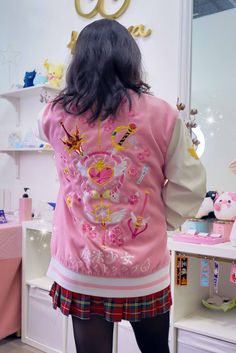 "★ Magical Girl Fight Club Varsity Jacket ★ Please look at size chart in the picture to determine your sizing and what would be best for you! embroidery patches on the sleeves Front embroidery design on the bomber is \"only you\" with a Sakura Flower and wings + the \"by shira\" flower The back of the jacket has the following Magical Girls: Sailor Moon, Cardcaptor Sakura, Shugo Chara, Ojamajo Doremi, Puella Magi Madoka Magica, Revolutionary Girl Utena, Magic Knight Rayearth, Mermaid Melody, and Spring Varsity Jacket With Embroidered Patch, Spring Varsity Jacket With Embroidered Patch And Long Sleeve, Trendy Embroidered Varsity Jacket For Streetwear, Pink Cotton Varsity Jacket For College, Trendy Pink Embroidered Outerwear, Spring Cotton Varsity Jacket With Embroidered Graphics, Spring Embroidered Cotton Varsity Jacket, Spring Varsity Jacket With Embroidered Graphics, Trendy Embroidered College Varsity Jacket