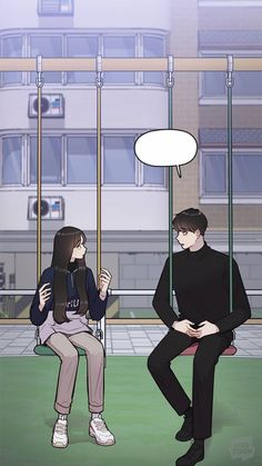 a man and woman sitting on swings in front of an apartment building, talking to each other