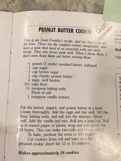 a recipe for peanut butter cookies is shown on the counter top, with instructions about how to make it