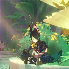 an anime character sitting on the ground in front of flowers