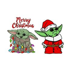 the baby yoda and santa clause are standing next to each other with christmas lights on them