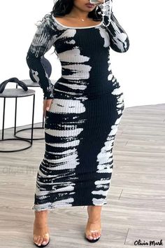 Olivia Mark - Classically Styled Long Sleeve Plus Size Dresses with O Neck and Casual Print Long Knitted Dress, Street Dress, Ribbed Dress, Square Neck Dress, Women Long Sleeve Dress, Ribbed Midi Dress, Body Con Dress, Neck Bodycon Dress, Printed Bodycon Dress