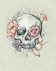 a drawing of a skull with flowers on it