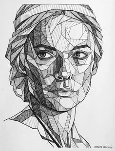 a black and white drawing of a woman's face with geometric lines on it