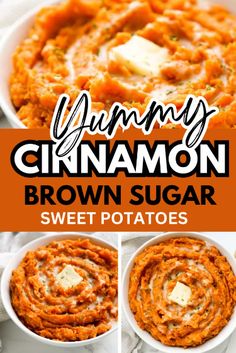 cinnamon brown sugar sweet potato casserole in a white bowl with text overlay