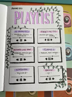 Floral bullet journal playlist spread Journal Calander Page, What To Write In A Journal Ideas Diaries, Playlist Design Ideas, My Playlist Journal, Journal Sketches Aesthetic, About Myself Journal Ideas, Things I Like, Dairy Journal Ideas, First Page Of Sketchbook Ideas Aesthetic