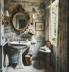 the bathroom is decorated in blue and white with flowers on the pedestal sink next to the mirror