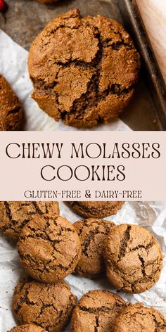 chewy molasses cookies with text overlay that reads gluten - free and dairy - free