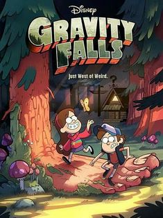 the poster for gravity falls, featuring two people in front of a forest with trees