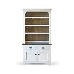 a white bookcase with two drawers and one door open on the top, against a white background