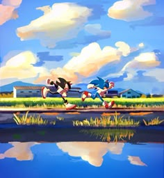 two cartoon characters are running across the grass near water and buildings with clouds in the background