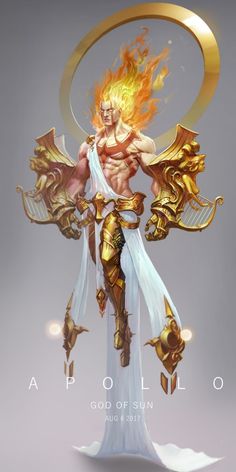 the god of sun is depicted in this digital art style illustration, with gold and white accents