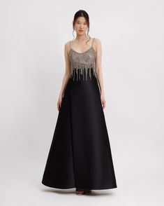 Gemy Maalouf | Evening Dresses | Beaded Tassels Long Dress Gemy Maalouf, Mikado Fabric, Long Black Evening Dress, Evening Dress Beaded, Wide Skirt, Black Evening Dress, Black Evening Dresses, Beaded Tassels, Long Black