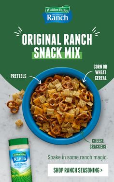 the original ranch snack mix is in a blue bowl