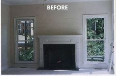 an empty living room with a fireplace and two windows before and after remodeling