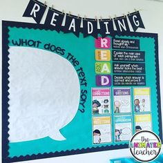 a bulletin board with words on it and a speech bubble hanging from the wall above