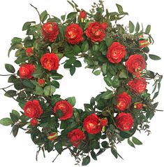 a wreath with red flowers and green leaves