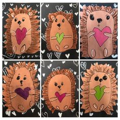 four pictures of hedgehogs with hearts on their backs and one has a heart in its mouth