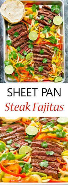 sheet pan steak fajitas with limes and cilantro on the side