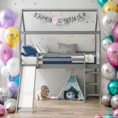 there is a bunk bed in the room with balloons around it and a birthday banner on the wall