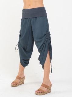 These loose fitting pants made from a breathable rayon fabric, keep you cool and comfy. Designed to be ruched to create different looks. A wide stretchy fold-over waistband, has a hidden drawstring to keep these pants secure. Great for lounging, travel and dance. [#details] Wide fold-over waistband is made from our stretchy rayon. Hidden drawstring at the waist, Adjustable side ruching on the legs.. S/M: 2-6 M/L: 8-12 [/details] [#fabric] Body: Rayon Jersey: 100% Rayon (Viscose) Waistband: Rayon Ruched Pants, Loose Fitting Pants, Natural Curves, Draped Fabric, Packing Light, Keep Your Cool, Harem Pants, Loose Fitting, Relaxed Fit